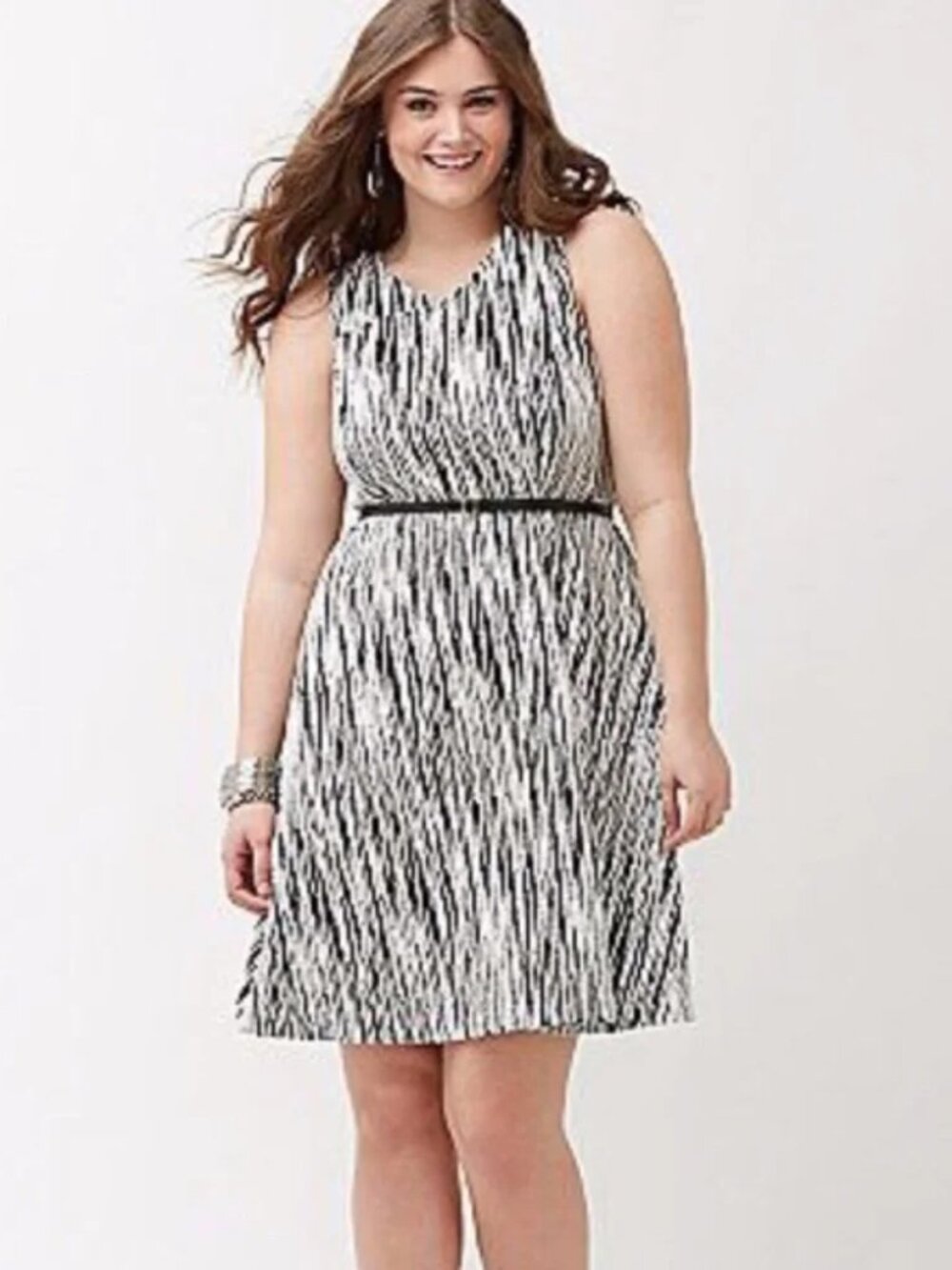 Lane Bryant Black White Textured Knit Sleeveless Fit & Flare Skater Dress